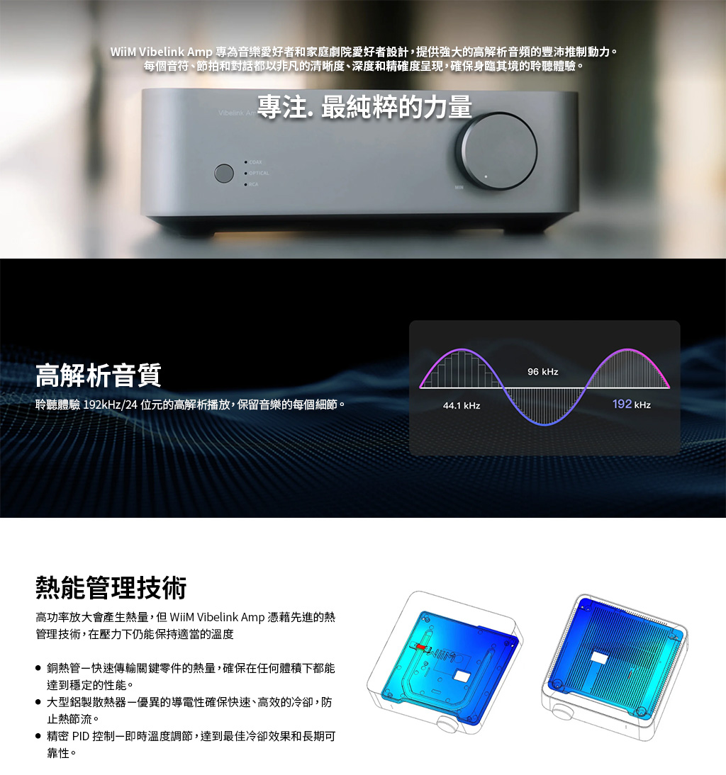 WiiM Vibelink Amp 為音樂愛好者和家庭劇院愛好者設計,提供強大的高解析音頻的豐沛推制動力。每個音符、節拍和對話都以非凡的清晰度、深度和精確度呈現,確保身臨其境的聆聽體驗。高解析音質Vibelink 專注. 最純粹的力量聆聽體驗 192kHz/24 位元的高解析播放,保留音樂的每個細節。44.1 kHz熱能管理技術高功率放大會產生熱量,但WiiM Vibelink Amp 憑藉先進的熱管理技術,在壓力下仍能保持適當的溫度 銅熱管快速傳輸關鍵零件的熱量,確保在任何體積下都能達到穩定的性能。 大型鋁製散熱器優異的導電性確保快速、高效的冷卻,防止熱節流。精密 PID 控制一即時溫度調節,達到最佳冷卻效果和長期可靠性。96kHz192 kHz