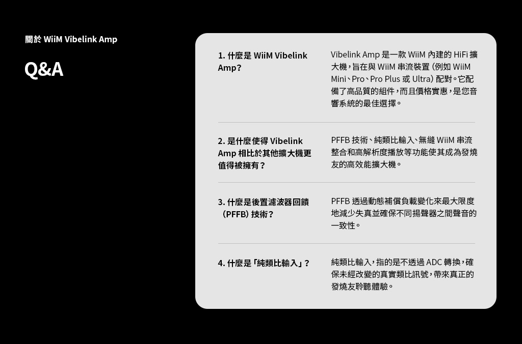 關於 Wii Vibelink AmpQ&A1. 什麼  VibelinkAmp?Vibelink Amp是一款 WiiM 的 HiFi擴大機,旨在與 WiiM 串流裝置(例如 WiiMMini、Pro、Pro Plus 或Ultra)配對。它配備了高品質的組件,而且價格實惠,是您音響系統的最佳選擇。2. 是什麼使得 VibelinkAmp 相比於其他機更值得被擁有?PFFB 技術、純類比輸入、無縫 WiiM 串流整合和高解析度播放等功能使其成為發燒友的高效能擴大機。3.什麼是後置濾波器回饋(PFFB)技術?PFFB 透過動態補償負載變化來最大限度地減少失真並確保不同揚聲器之間聲音的一致性。4. 什麼是「純類比輸入?純類比輸入,指的是不透過ADC轉換,確保未經改變的真實類比訊號,帶來真正的發燒友聆聽體驗。