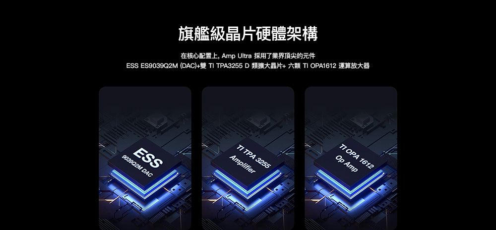 旗艦級晶片硬體架構在核心配置上, Amp Ultra 採用了業界頂尖的元件ESS ES9039Q2M (DAC)+雙 TI TPA3255 D類擴大晶片+六顆 TIOPA1612 運算放大器ESS9039Q2M DACTI TPA 3255AmplifierTI OPA 1612Op Amp